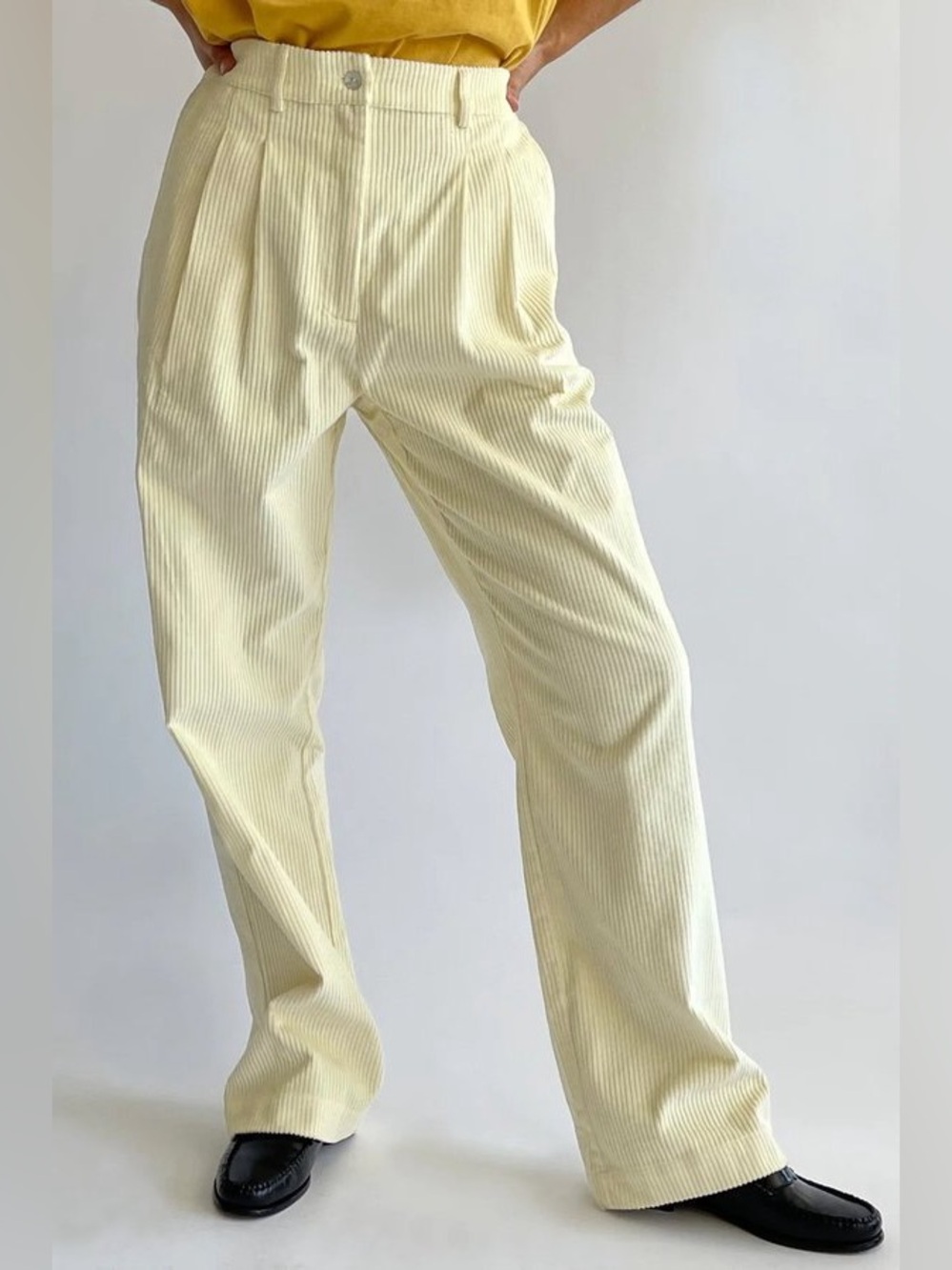 DONNI. Pleated Cord Trouser Creme Pastel Butter Wide Leg Pants Small